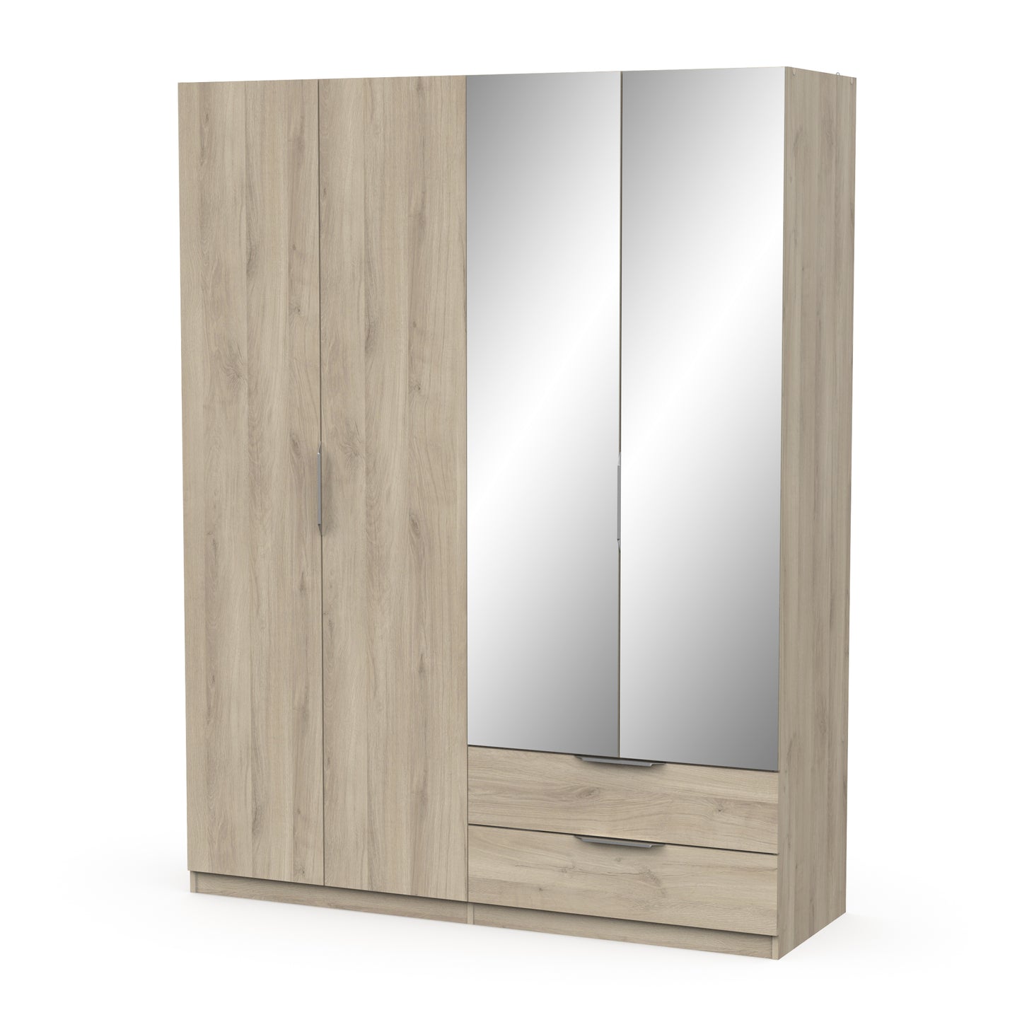 Chicago 4 Door 2 Drawer 160cm Oak Effect Space Saving Mirrored Wardrobe - FurniComp