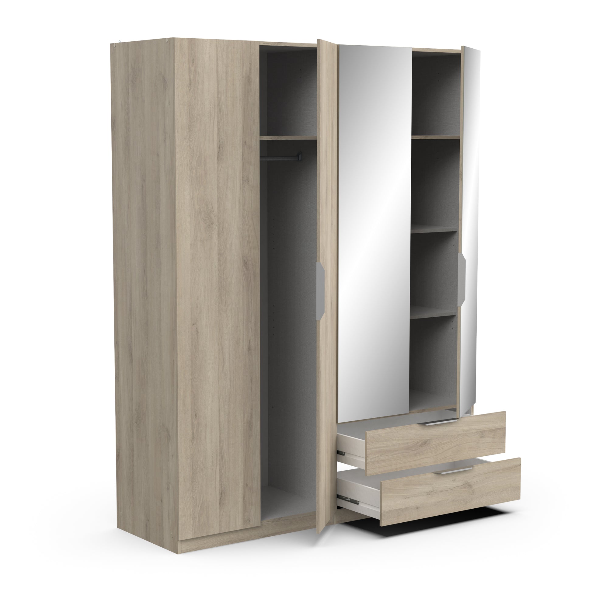 Chicago 4 Door 2 Drawer 160cm Oak Effect Space Saving Mirrored Wardrobe - FurniComp