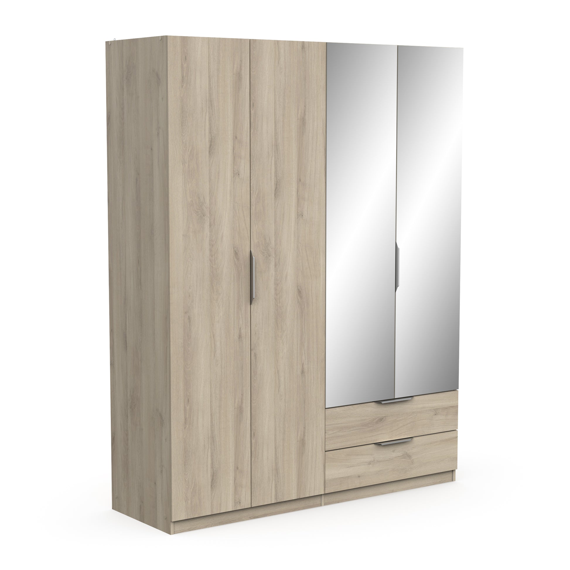 Chicago 4 Door 2 Drawer 160cm Oak Effect Space Saving Mirrored Wardrobe - FurniComp