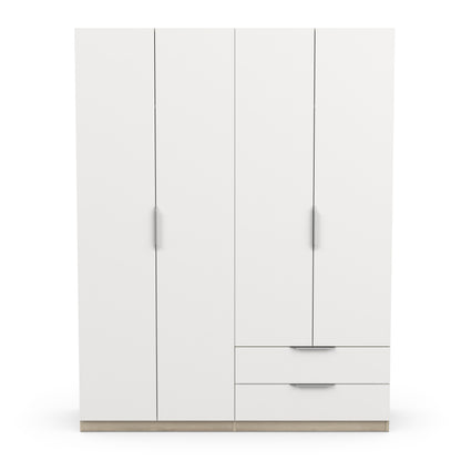 Chicago 4 Door 2 Drawer Space Saving 160cm Matt White & Oak Effect Wardrobe - FurniComp