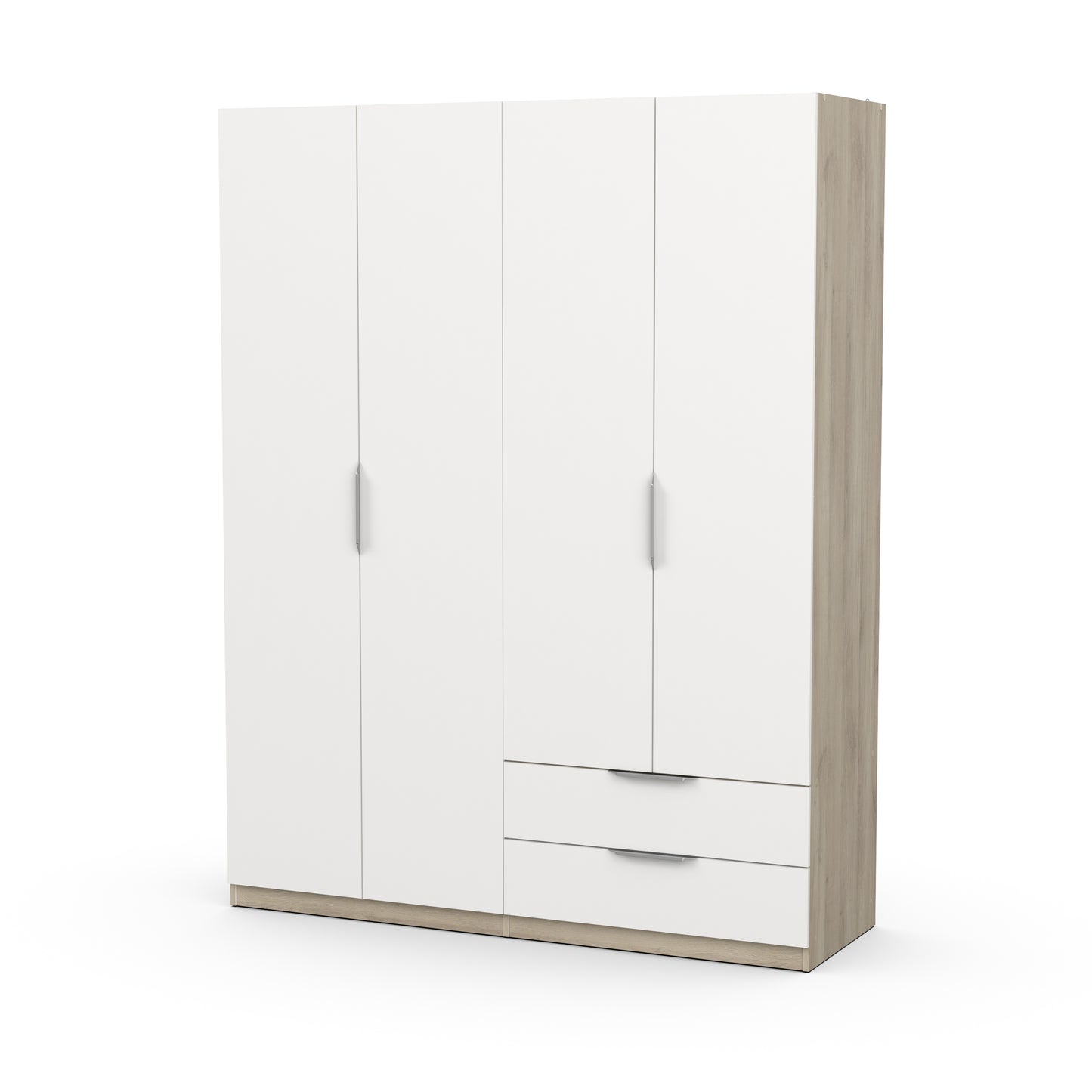 Chicago 4 Door 2 Drawer Space Saving 160cm Matt White & Oak Effect Wardrobe - FurniComp