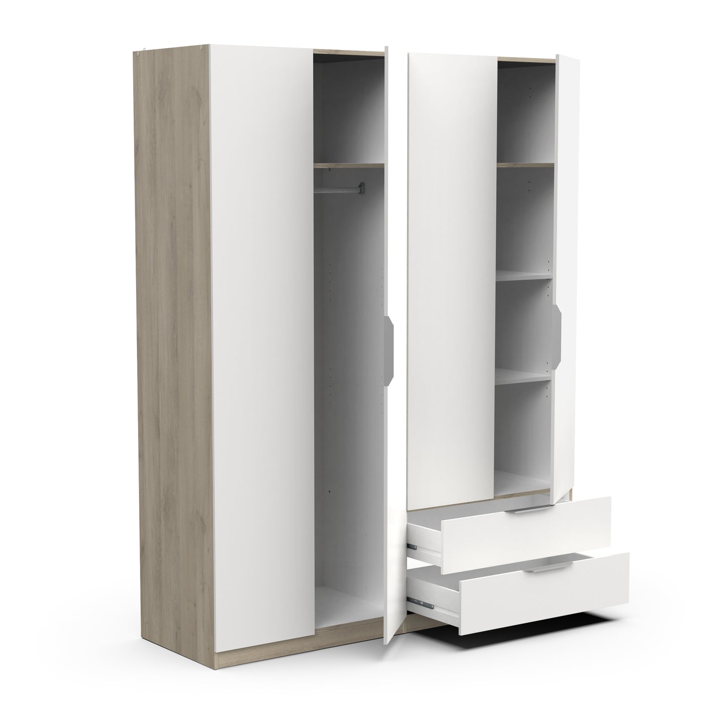 Chicago 4 Door 2 Drawer Space Saving 160cm Matt White & Oak Effect Wardrobe - FurniComp