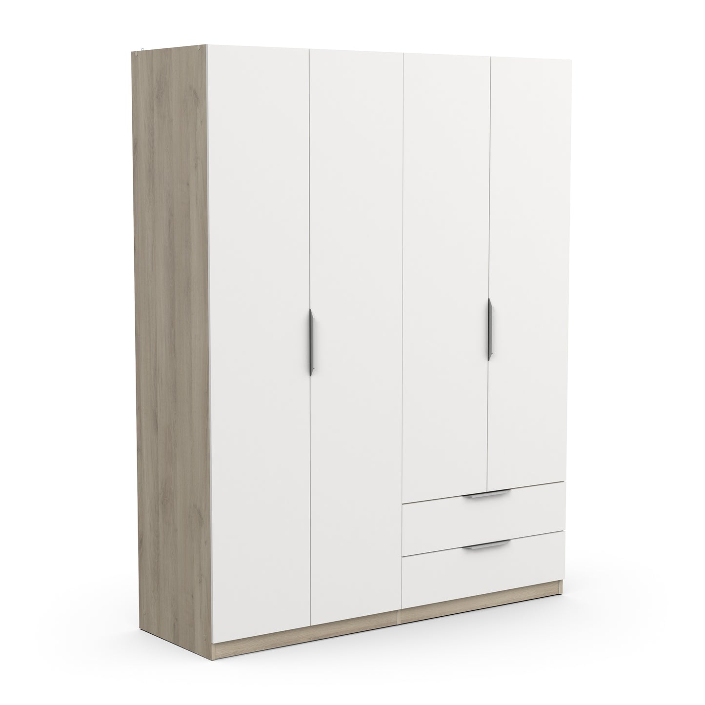 Chicago 4 Door 2 Drawer Space Saving 160cm Matt White & Oak Effect Wardrobe - FurniComp