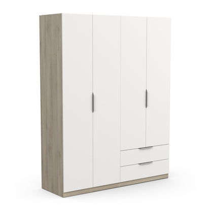 Chicago 4 Door 2 Drawer Space Saving 160cm Matt White & Oak Effect Wardrobe - FurniComp