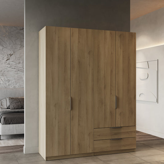 Chicago 4 Door 2 Drawer Space Saving 160cm Oak Effect Wardrobe - FurniComp