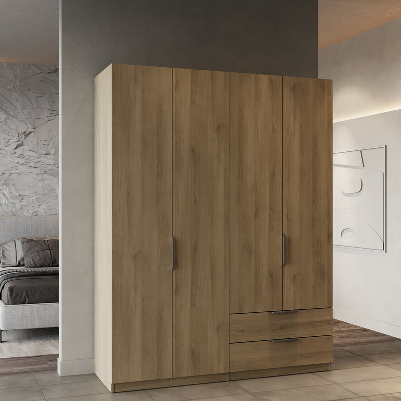 Chicago 4 Door 2 Drawer Space Saving 160cm Oak Effect Wardrobe
