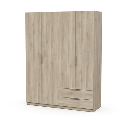 Chicago 4 Door 2 Drawer Space Saving 160cm Oak Effect Wardrobe - FurniComp