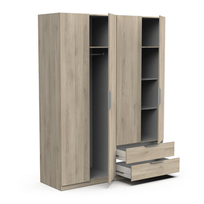 Chicago 4 Door 2 Drawer Space Saving 160cm Oak Effect Wardrobe - FurniComp