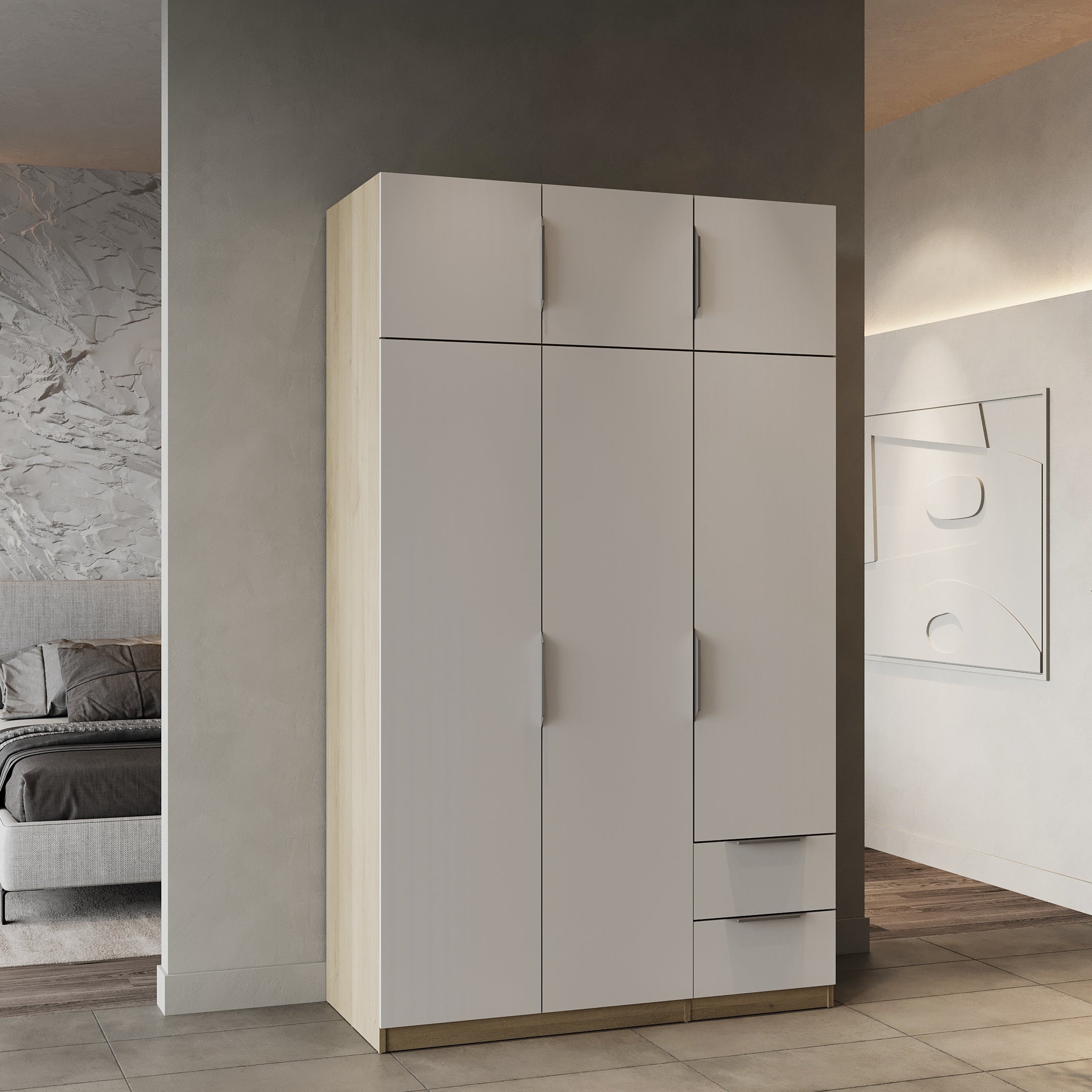 Chicago 6 Door 2 Drawer 120cm Matt White & Oak Effect Space Saving Wardrobe - FurniComp