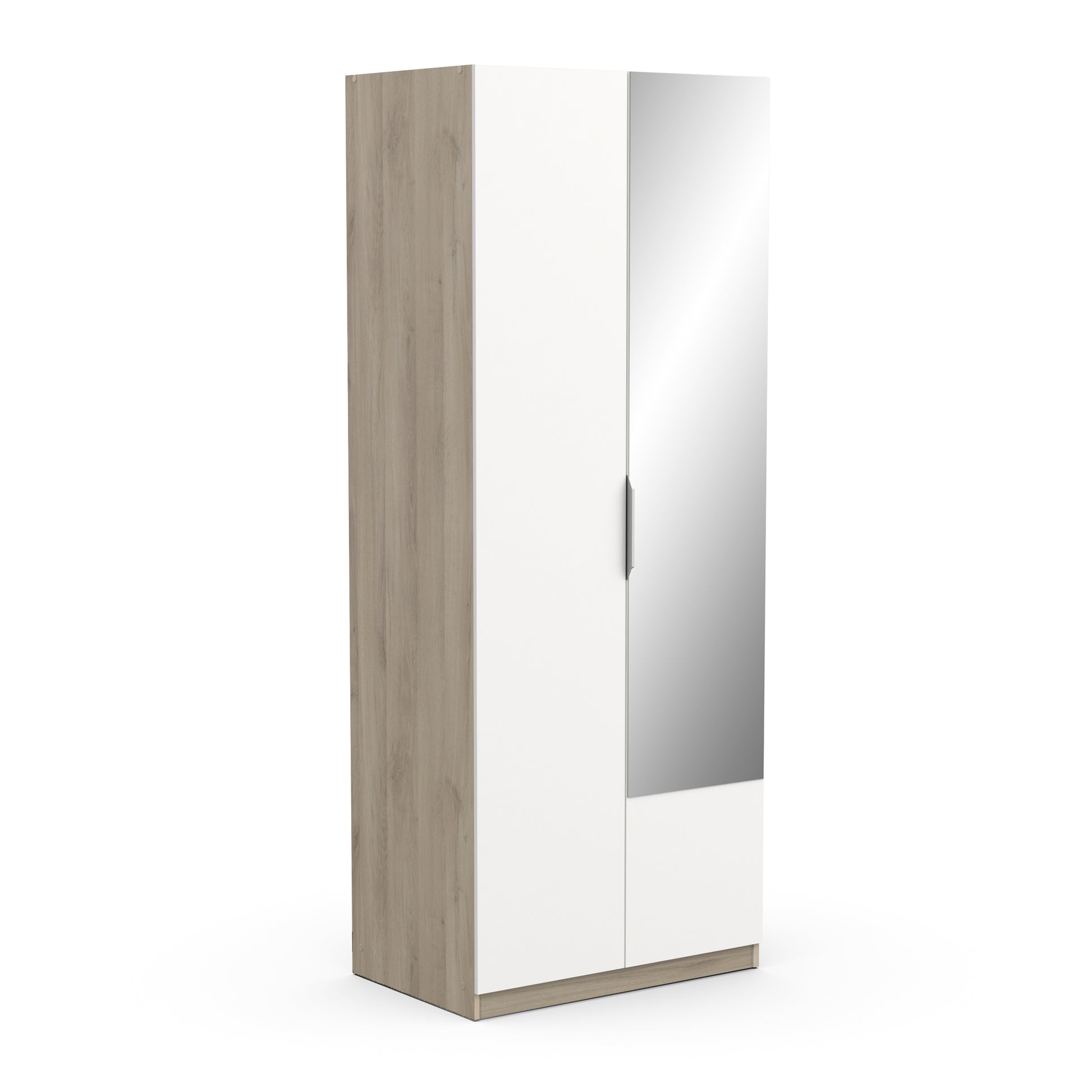 Chicago Matt White and Oak Effect 2 Door 80cm Narrow Compact Mirrored Wardrobe - FurniComp