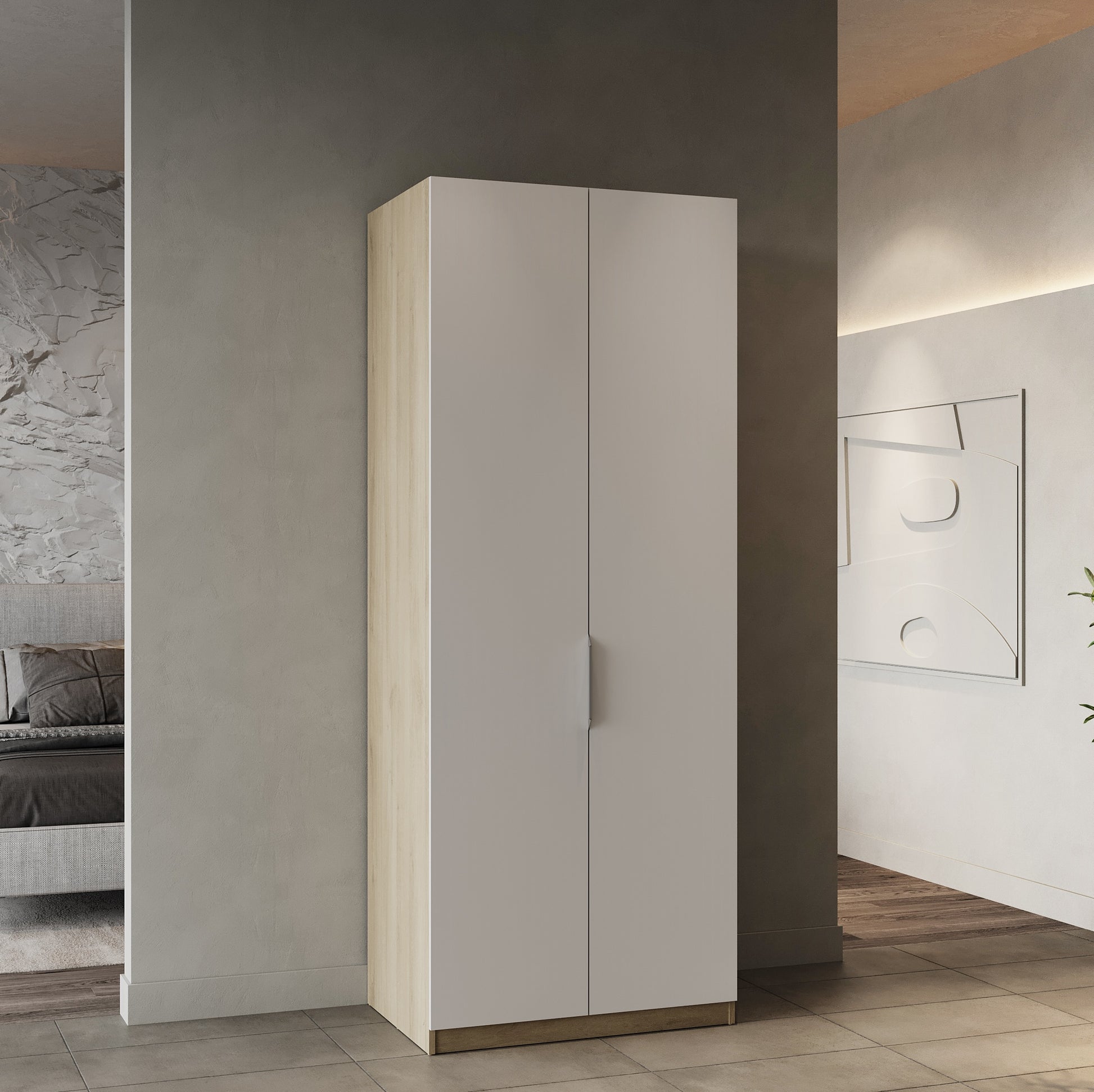 Chicago Matt White and Oak Effect 2 Door 80cm Narrow Compact Wardrobe - FurniComp