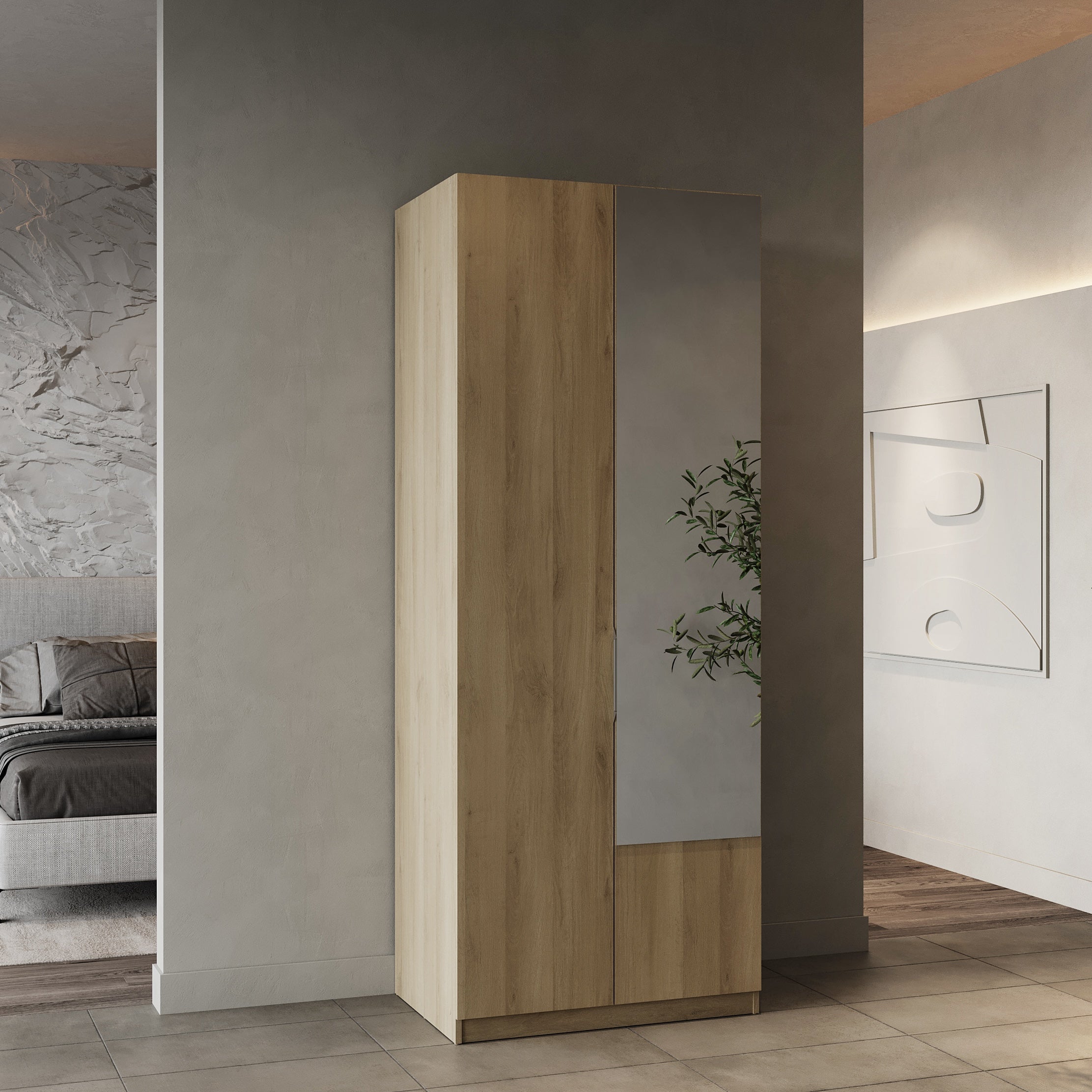 Chicago Oak Effect 2 Door 80cm Narrow Compact Mirrored Wardrobe - FurniComp