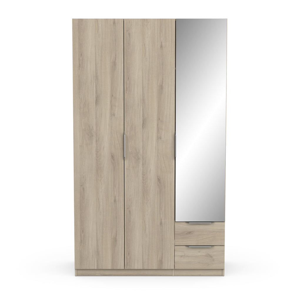 Chicago 3 Door 2 Drawer Oak Effect 120cm Mirrored Triple Wardrobe - FurniComp