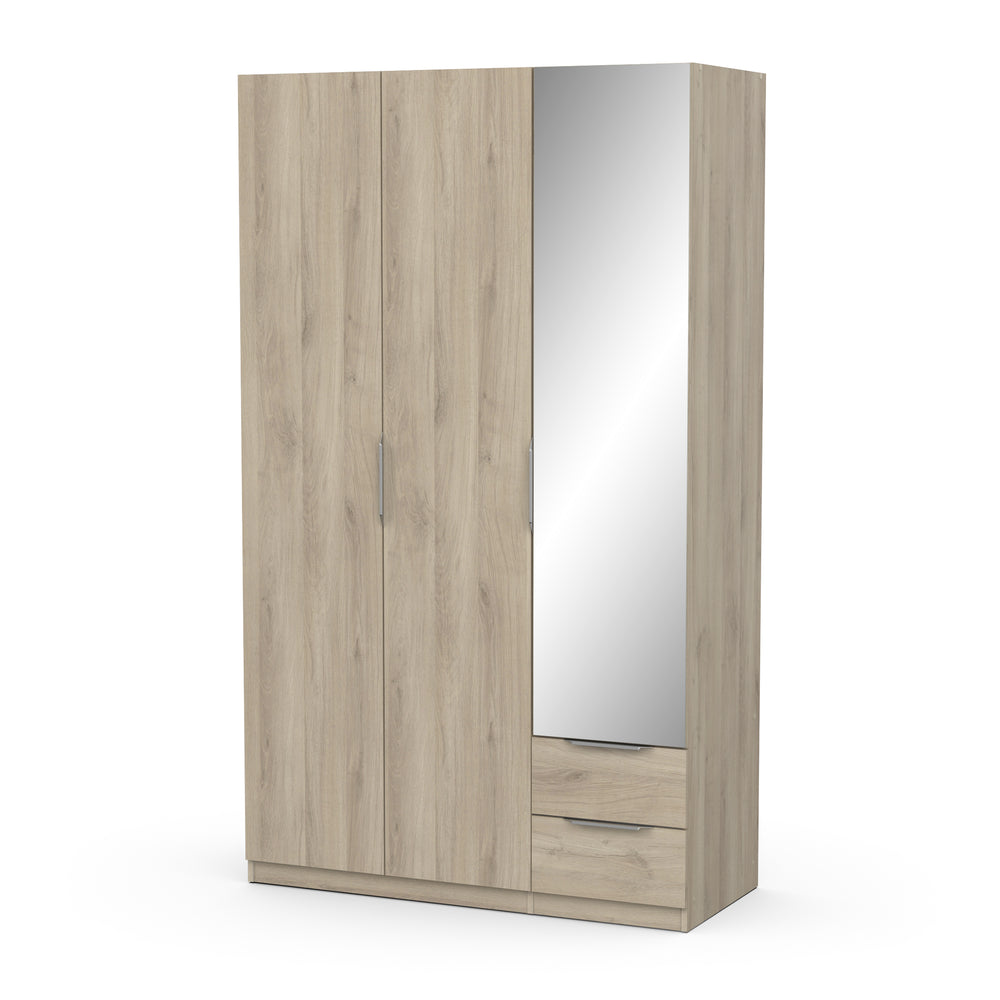 Chicago 3 Door 2 Drawer Oak Effect 120cm Mirrored Triple Wardrobe - FurniComp