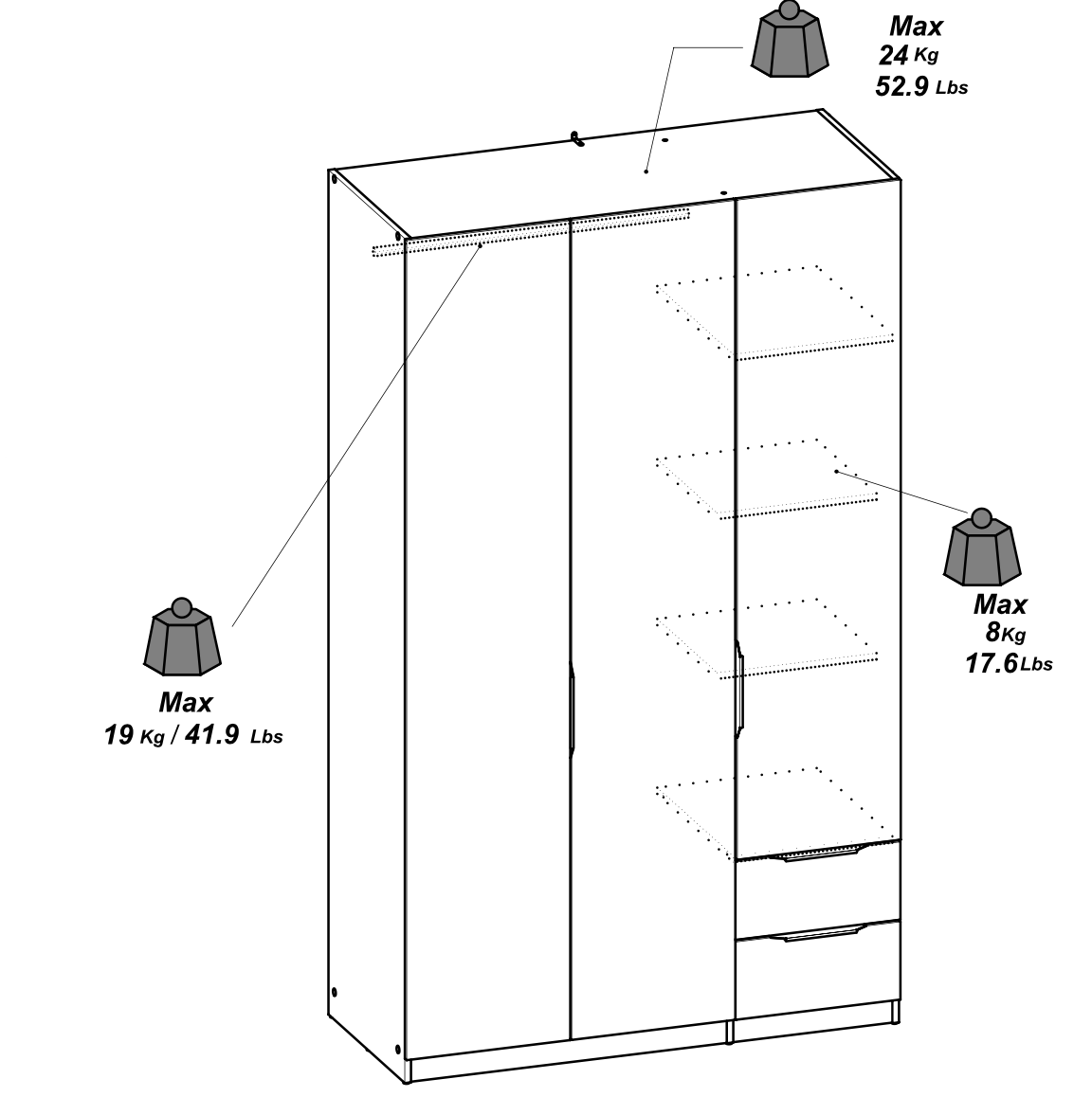 Chicago 3 Door 2 Drawer Matt White 120cm Mirrored Triple Wardrobe - FurniComp