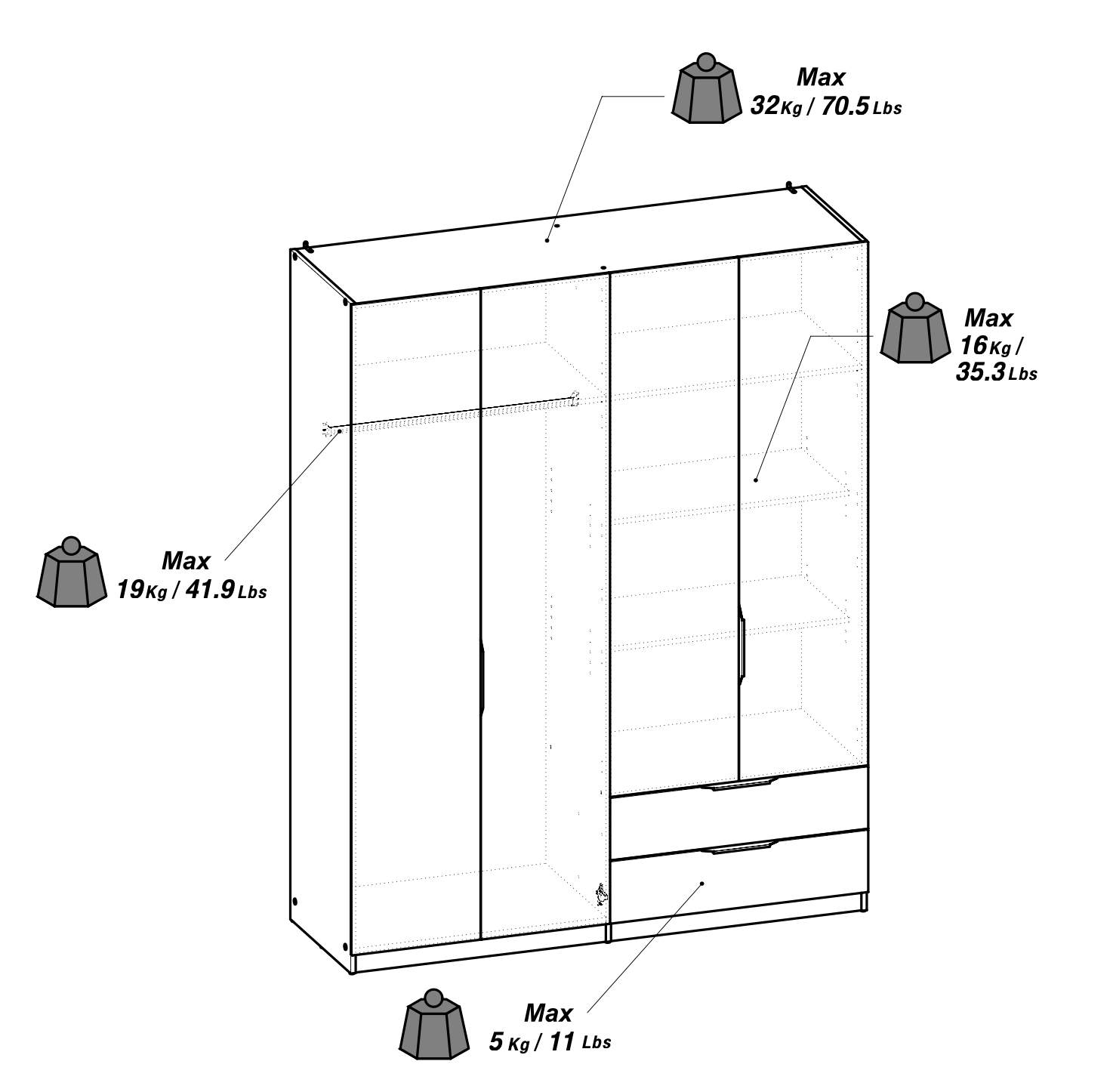 Chicago 4 Door 2 Drawer 160cm Matt White Mirrored Wardrobe - FurniComp