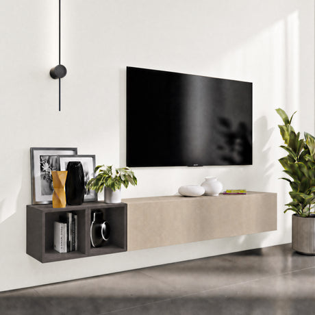 Combo 194cm Floating Wall Hung TV Entertainment Unit – Stone & Black Lava - FurniComp