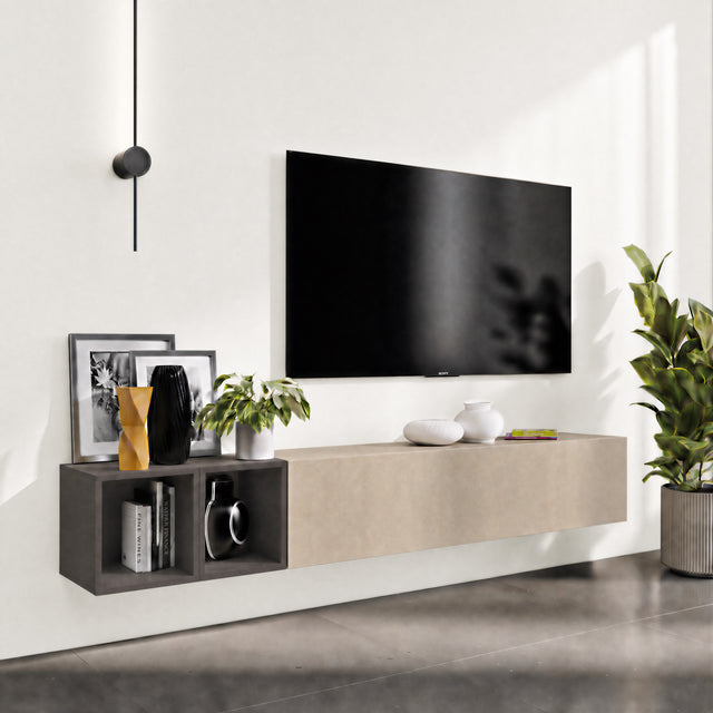 Combo 194cm Floating Wall Hung TV Entertainment Unit – Stone & Black Lava - FurniComp