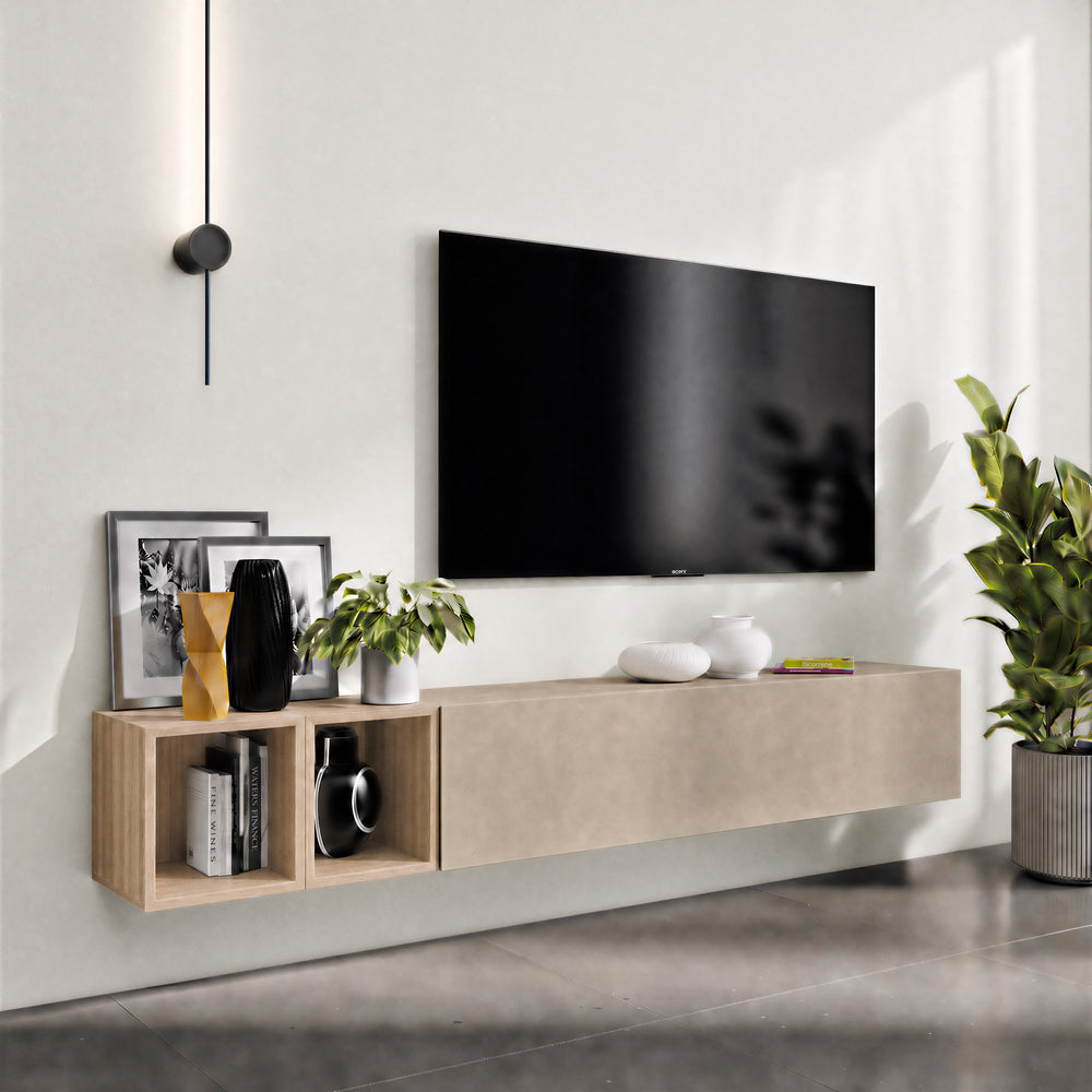Combo 194cm Floating Wall Hung TV Entertainment Unit – Stone & Cadiz Oak - FurniComp
