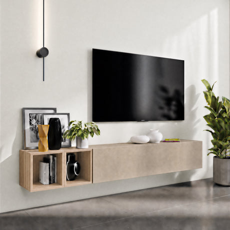 Combo 194cm Floating Wall Hung TV Entertainment Unit – Stone & Cadiz Oak - FurniComp