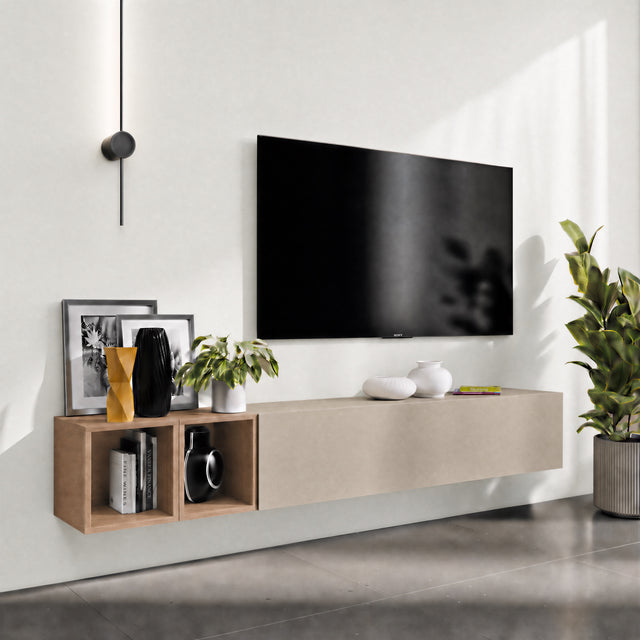 Combo 194cm Floating Wall Hung TV Entertainment Unit – Stone & Mercure Oak - FurniComp