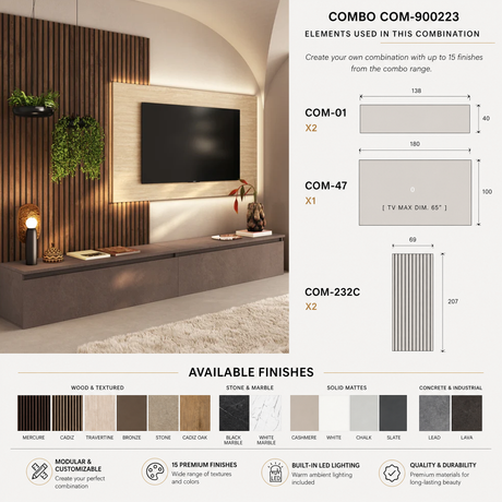 Combo Media Wall Entertainment Unit - Bronze, Travertine Stone & Mercure Oak - FurniComp