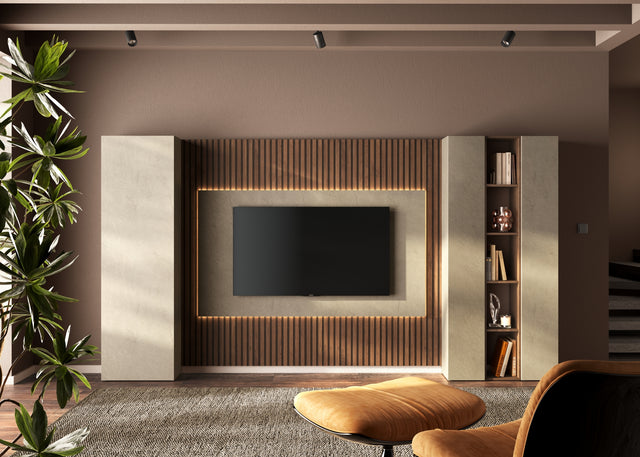 Combo Large Media Wall Entertainment Unit with Storage - Cashmere, Mercure Oak & Stone COM- 900227-AGCHMR - FurniComp