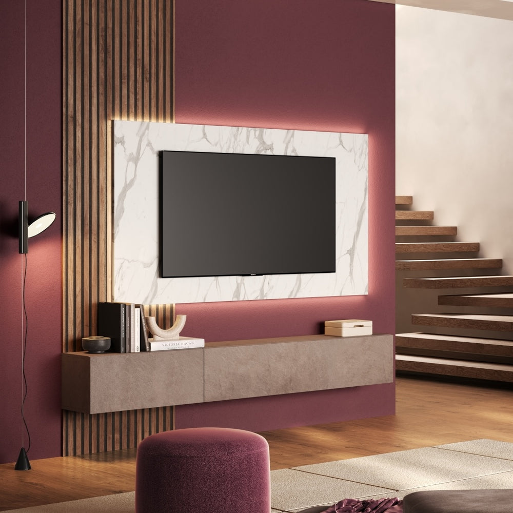 Combo Media Wall Entertainment Unit - Bronze, Mercure Oak & White Marble Effect COM- 900279-BRMBMR - FurniComp