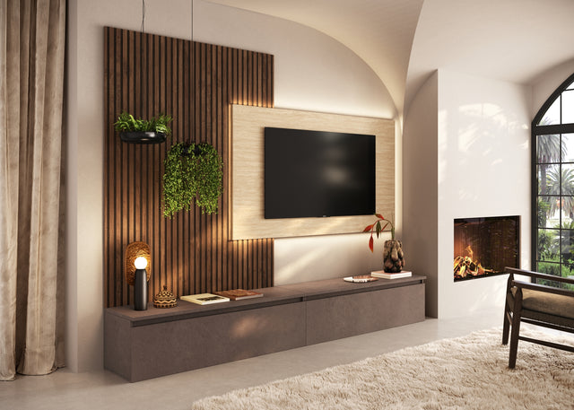 Combo Media Wall Entertainment Unit - Bronze, Travertine Stone & Mercure Oak COM- 900223-BRMRTR - FurniComp