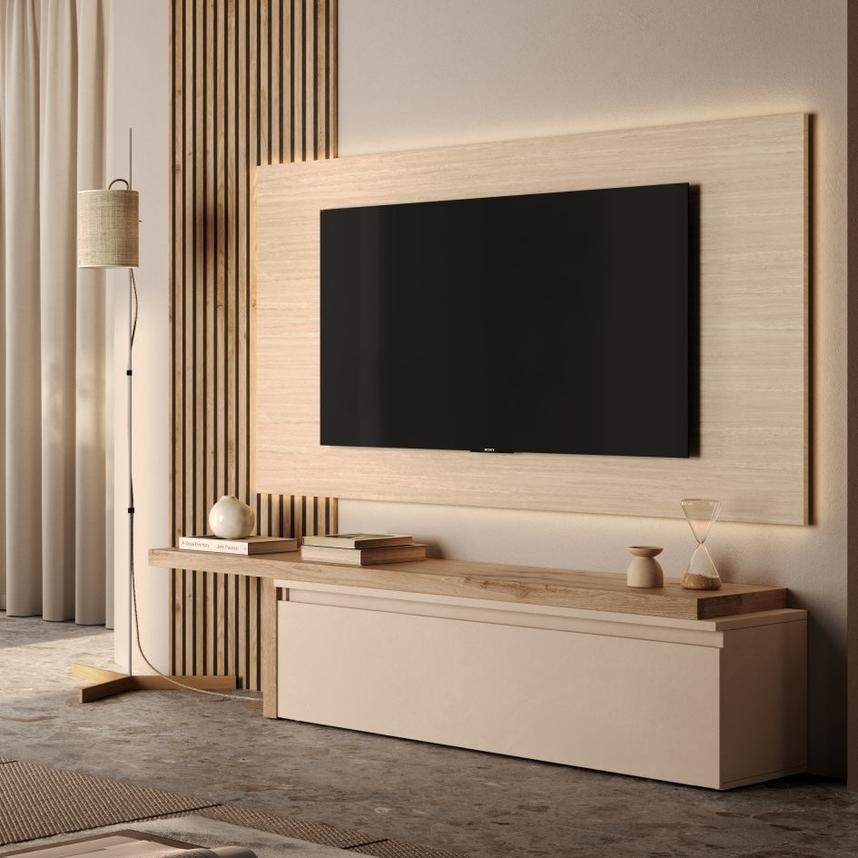 Combo Media Wall Entertainment Unit - Cadiz Oak, Cashmere & Travertine Stone COM- 900276-CHKTR - FurniComp