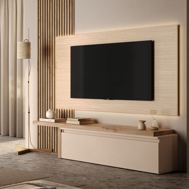 Combo Media Wall Entertainment Unit - Cadiz Oak, Cashmere & Travertine Stone COM- 900276-CHKTR - FurniComp