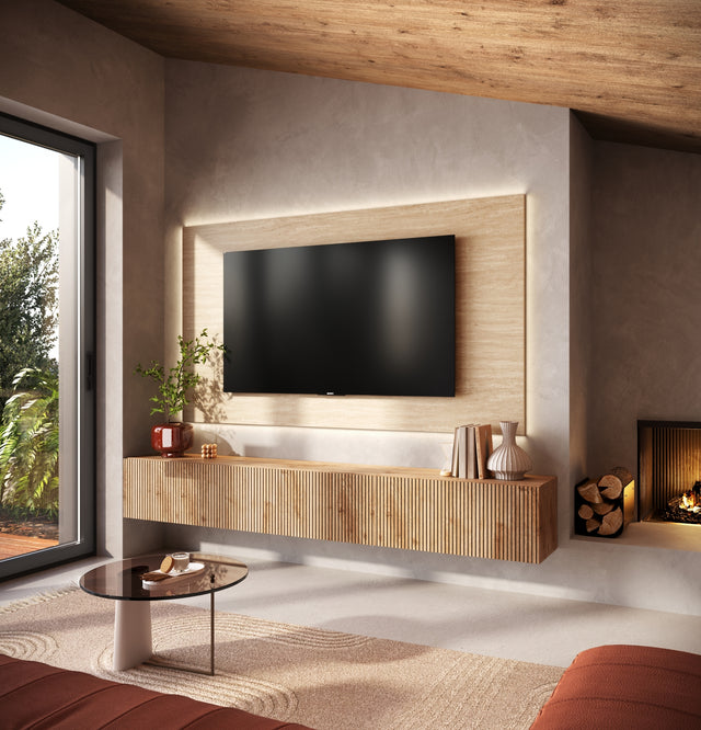 Combo Media Wall Entertainment Unit - Cadiz Oak & White Marble Effect COM- 900280-KTR - FurniComp