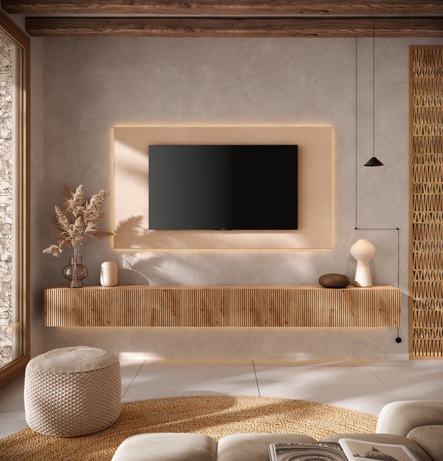 Combo Media Wall Entertainment Unit- Cashmere & Cadiz Oak COM-900210-CHK - FurniComp