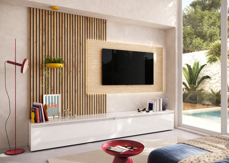 Combo Media Wall Entertainment Unit - White Gloss, Cadiz Oak & Travertine Stone COM- 900221-BIKTR - FurniComp