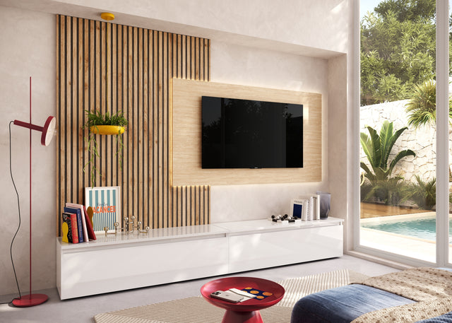 Combo Media Wall Entertainment Unit - White Gloss, Cadiz Oak & Travertine Stone COM- 900221-BIKTR - FurniComp
