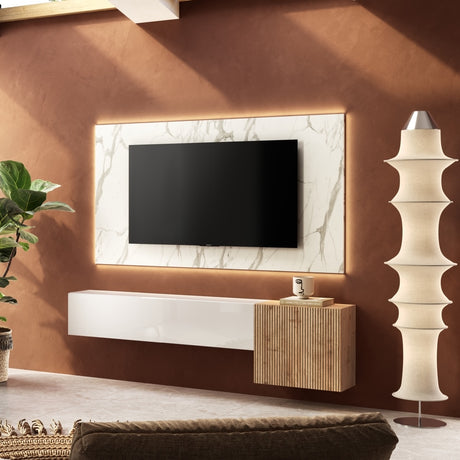 Combo Media Wall Entertainment Unit - White Gloss, Cadiz Oak & White Marble Effect COM- 900275-BIKMB - FurniComp
