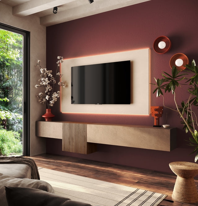 Combo Media Wall Entertainment Unit – Bronze, Cashmere & Mercure Oak COM- 900282-BRCHMR - FurniComp
