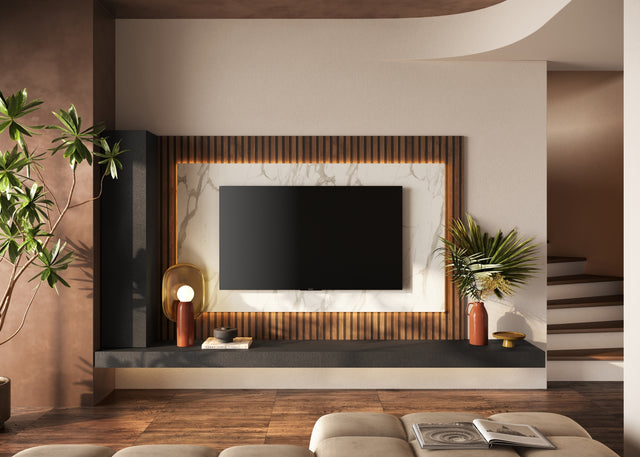 Combo Media Wall Entertainment Unit with Storage - Black Lava, Mercure Oak & White Marble Effect COM- 900229- LVMBMR - FurniComp