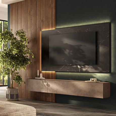 Combo Media Wall Entertainment Unit with Storage - Bronze, Mercure Oak & Black Marble Effect COM- 900274-BRMNMR - FurniComp