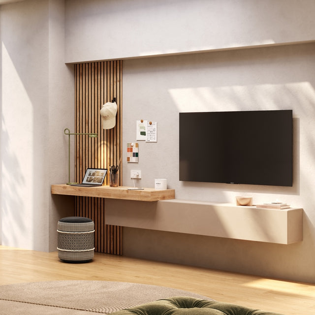 Combo Media Wall Entertainment Unit with Storage - Cashmere & Cadiz Oak COM- 900271-CHK - FurniComp