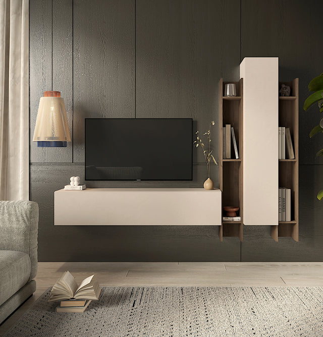 Combo Media Wall Entertainment Unit with Storage - Cashmere & Mercure Oak COM- 900157-CHMR - FurniComp