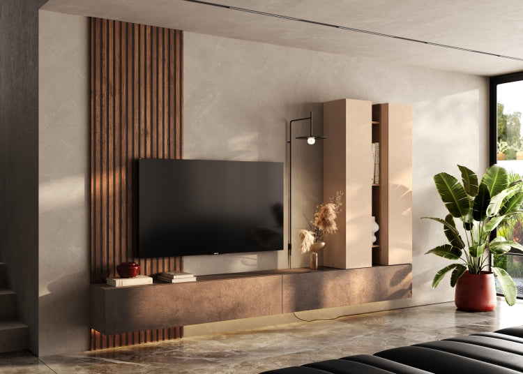 Combo Media Wall Entertainment Unit with Storage - Cashmere, Mercure Oak & Bronze COM- 900228-BRCHMR - FurniComp