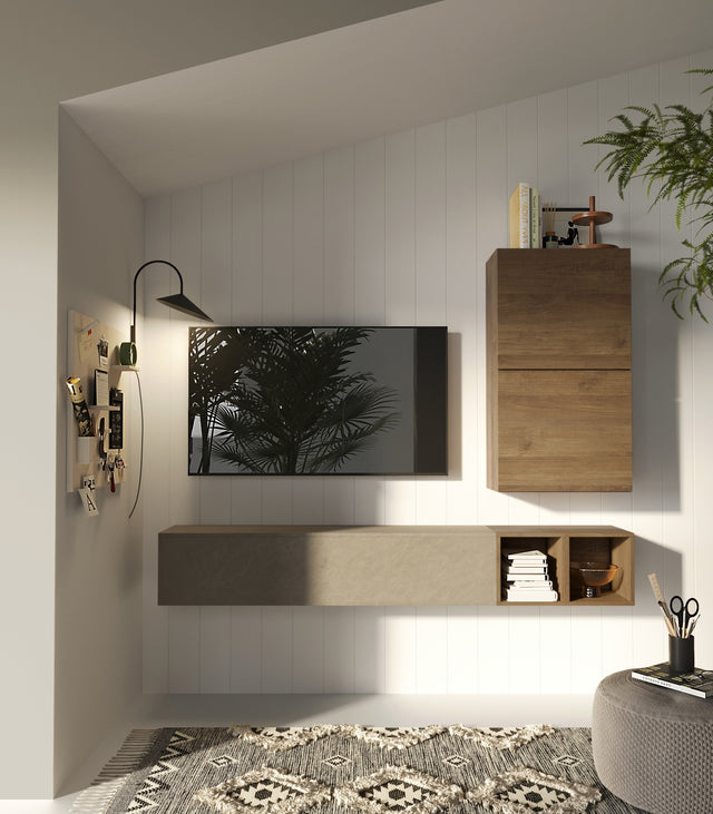 Combo Media Wall Entertainment Unit with Storage - Stone & Mercure Oak COM- 900047-AGMR - FurniComp