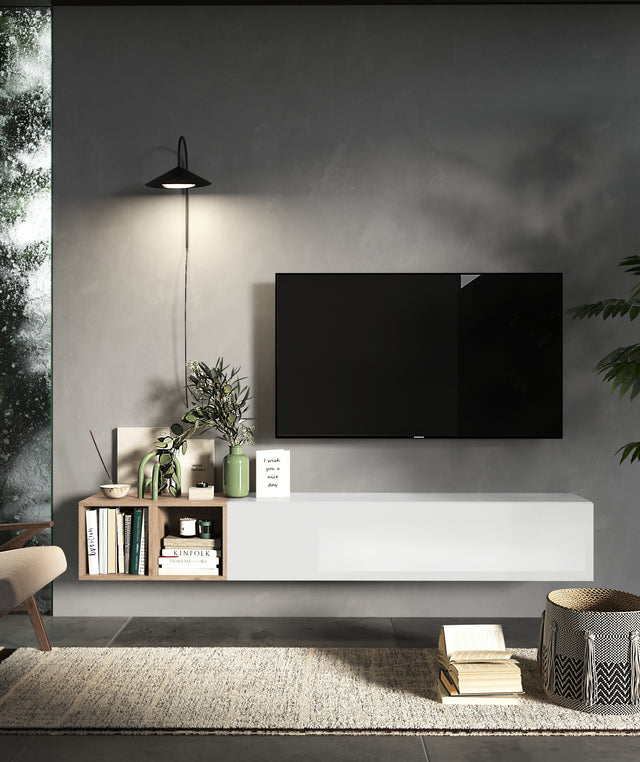 Combo Media Wall Entertainment Unit with Storage – White Gloss & Cadiz Oak COM- 900049-BIK - FurniComp