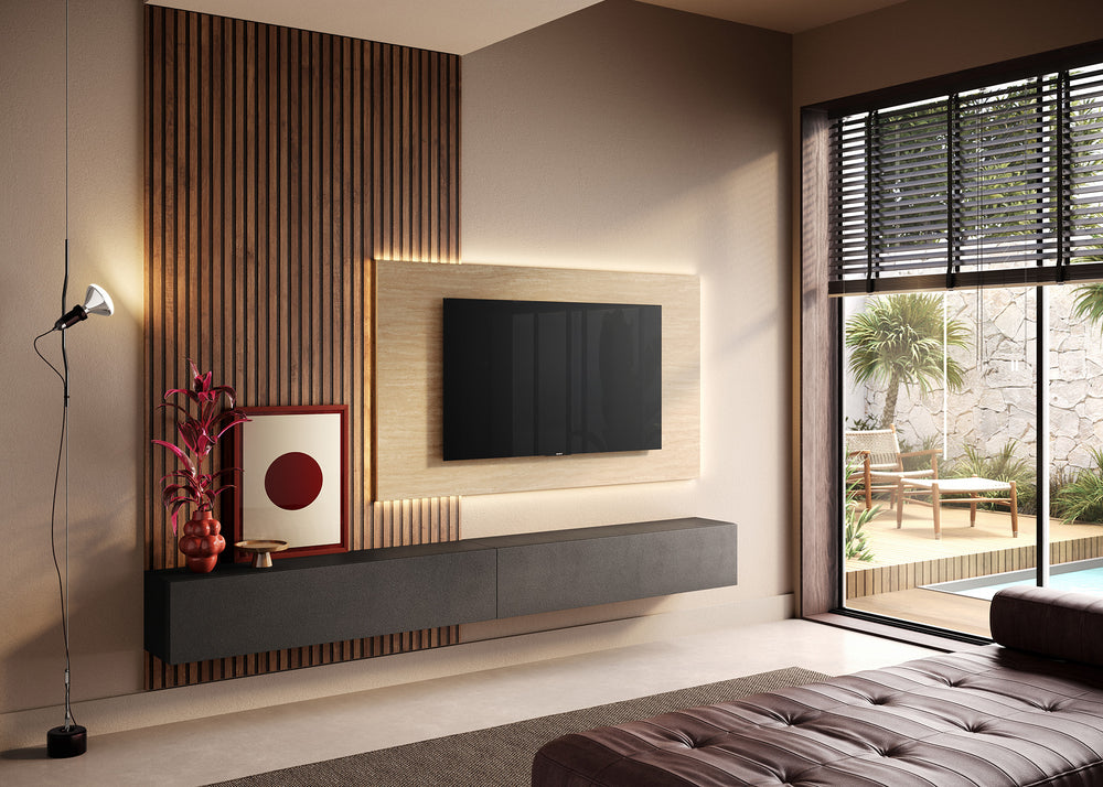 Combo Media Wall Entertainment Unit with – Black Lava, Mercure Oak & Travertine Stone COM- 900232- LVMRTR - FurniComp