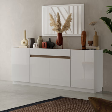 Chelsea 4 Door 1 Drawer Large White Gloss and Mercure Oak Sideboard - FurniComp