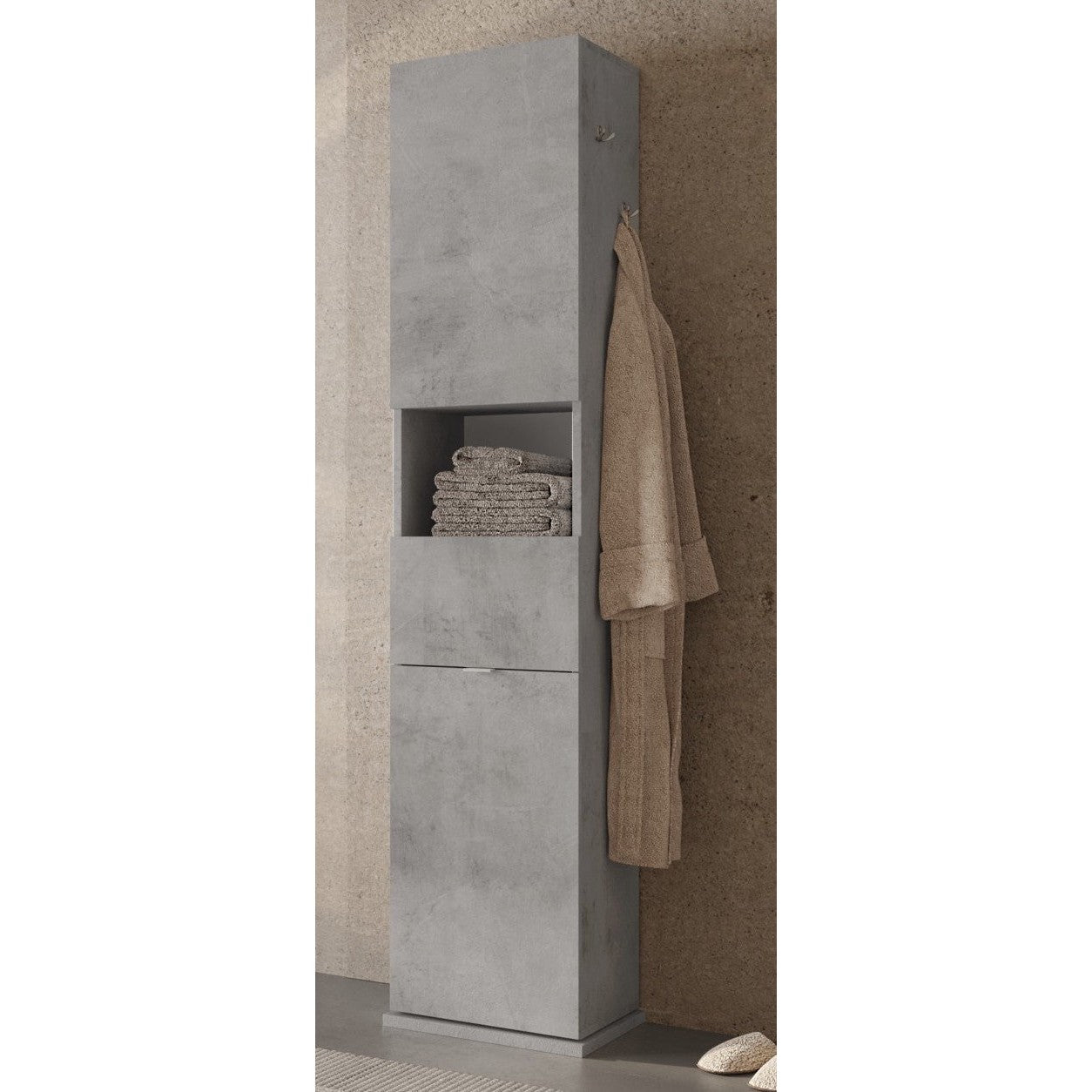 Selene 2 Door 1 Drawer Tall Concrete Grey Free-Standing Rotating Bathroom Cabinet - FurniComp