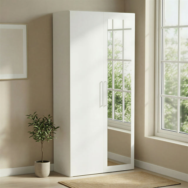 Connect Modular 2 Door White Wardrobe with Mirrored Door 100x55x224cm CON-2DR-W1M - FurniComp