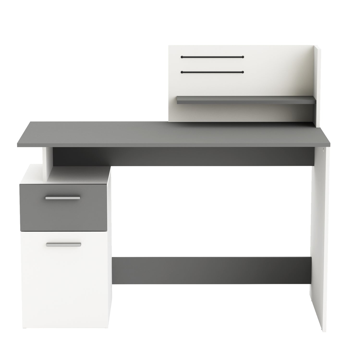 Corte Large White and Graphite Grey Office Desk with Hutch and Drawers - FurniComp