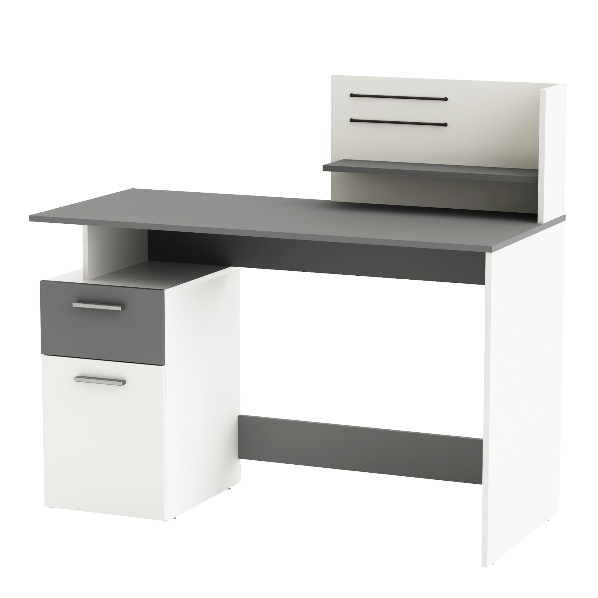 Corte Large White and Graphite Grey Office Desk with Hutch and Drawers - FurniComp